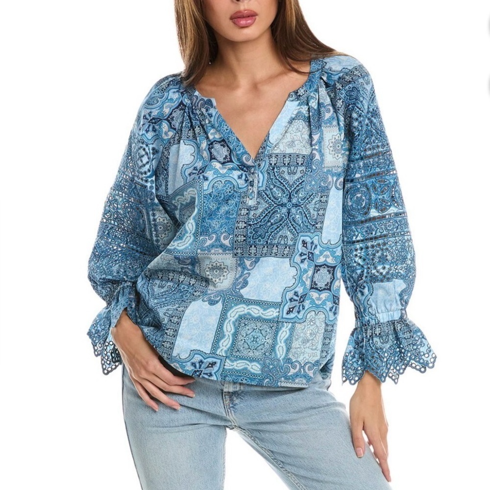 Tyler Boe like new Natalie Top in Paisley Blue patchwork size M-L